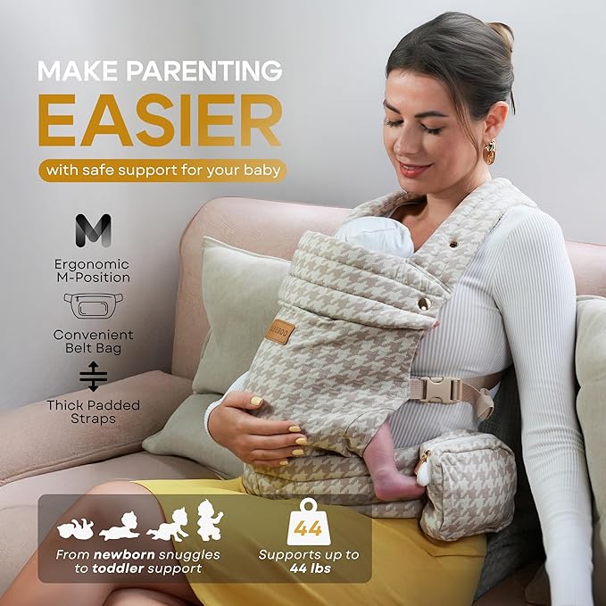 Baby Carrier Newborn to Toddler, Ergonomic Baby Toddler Carrier with Head Support (7-44 lbs) – Front Inward, Front Outward, Back Carry – Hands-Free, Lumbar Support (Beige)