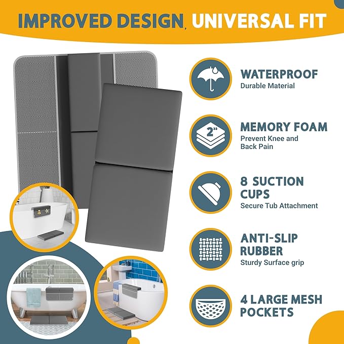 Memory Foam Bath Kneeler and Elbow Rest Pad Set, 2-Inch Thick, Water-Resistant Mat – Baby Bath Time Essentials Cushion and Bath Kneeling Pad for Bathing Baby with Bathtub Toy Organizer.