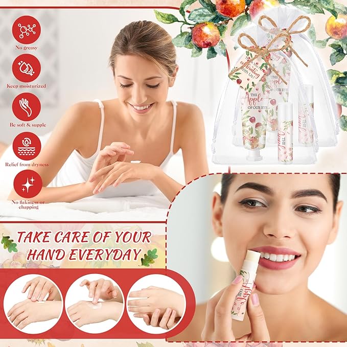 24 Sets Apple of Our Eye Theme Baby Shower Hand Cream and Lip Balm Gift Fall Apple Baby Shower Party Favors Travel Size Hand Lotion and Lip Balm Bulk with Organza Bags Tags Party Supplies for Guest