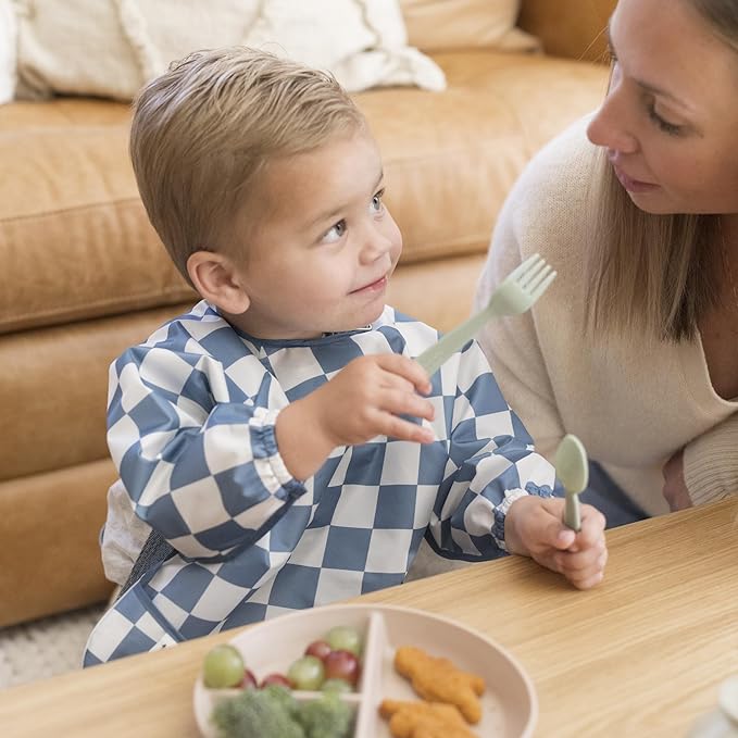 Tiny Twinkle Long Sleeve Bib for Babies & Toddlers – Waterproof Smock Bib for Eating – Machine Washable & Mess-Proof, Baby Feeding Essential & Shower Must-Have(Checkers Blue, 6–24M)