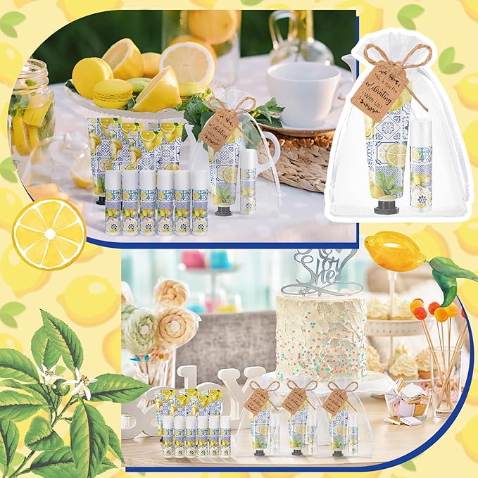 24 Sets Lemon Hand Cream and Lip Balm Gift Lemon Bridal Baby Shower Party Supply Travel Size Hand Lotion and Lip Balm Bulk with Organza Bag and Tag Wedding Baby Shower Party