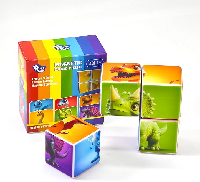 Magnetic Blocks for Toddlers, Dinosaur Toys Puzzle Cubes for Kids, Sensory Toys for Kids Ages 1-3 Year Old Boys & Girls, 6 Dinosaur Building Ideas