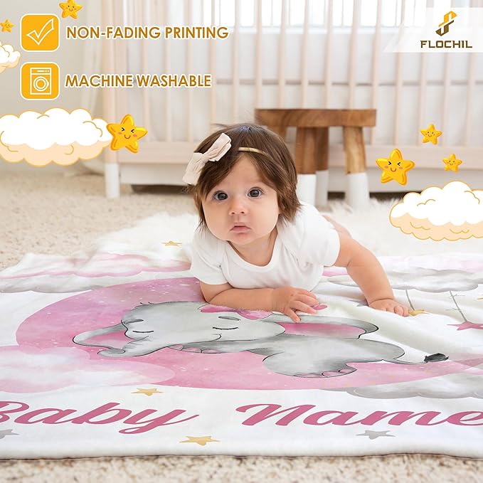 FLOCHIL Personalized Baby Blankets, Custom Baby Blanket - Baby Blanket with Name for Girls, Best Gift for Newborn Elephants Plush Fleece (30x40)