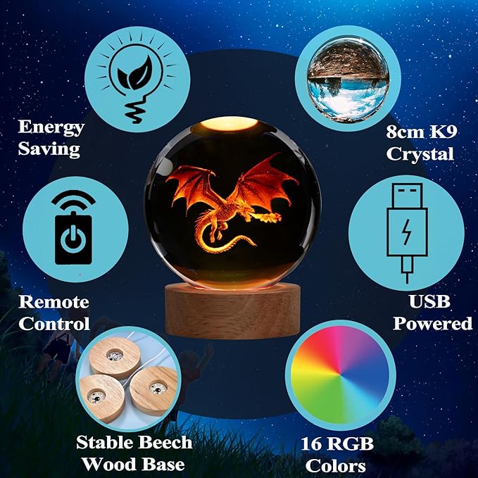 Dragon Night Light, 3.15 Inch (80mm) K9 Crystal 3D Lamp with Remote 16 Color for Birthday Xmas Cool Figurines Dragon Gifts for Room Decor Boys Girls