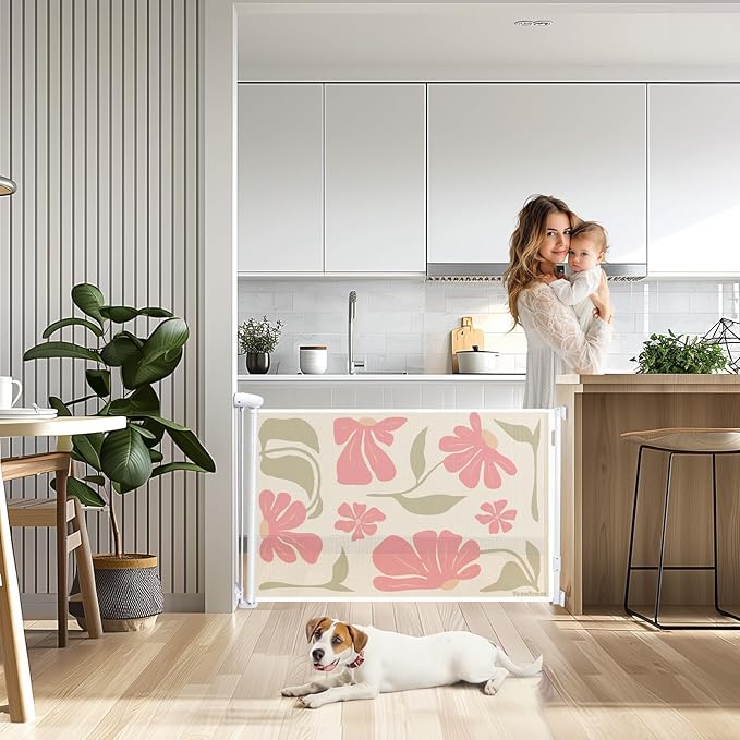 Retractable Baby Gate Child Safety 34" Tall x 55” Wide, Mesh, for Stairs, Doorways, Dogs, Pets, Indoor, Outdoor, One-Handed Operation, Locking, Easy Install, Hardware Mount, Flowers