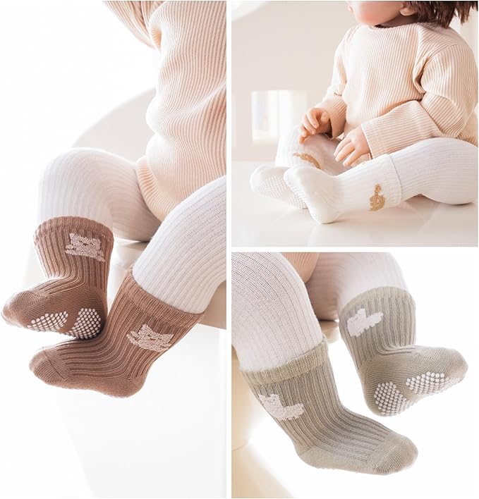 Baby Crew Socks,Grips Combed Cotton Socks Toddler Non-Skid for Girls,Boys Non Slip/Anti Skid 9-Pack