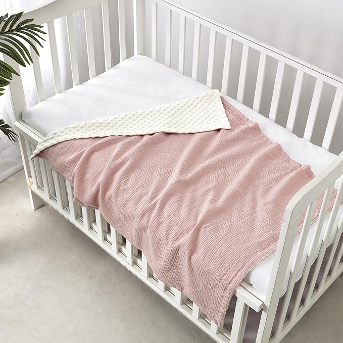 CREVENT 30''X40'' Organic Muslin Cotton Baby Blanket for Newborns, Soft Mink Backing, Essential for Baby Shower Birthday Gift - Pink 75X100cm
