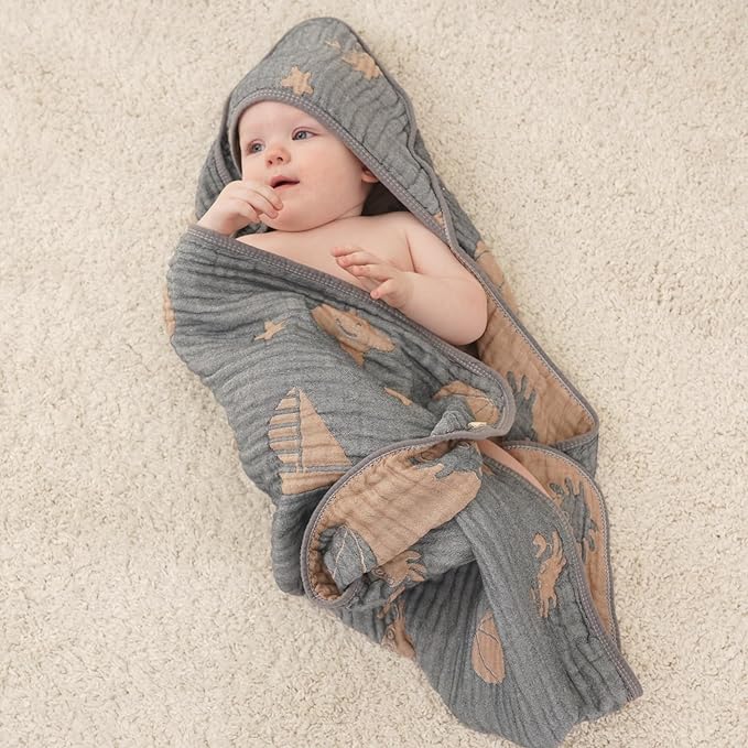 Ultra-Soft Muslin Baby Hooded Towel - 32 x 32 Inches, Ideal for Bath & Beach, Suitable for Both Boys & Girls from Newborns to Toddlers