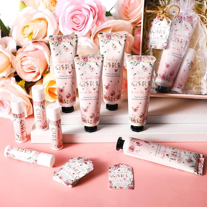 24sets/96pcs Baby Shower Gifts for Guests Hand Cream and Lip Balm Gifts Baby Shower Party Favors Travel Size Hand Lotion and Lip Balm Thank You Gift for Guests with Organza Bag and Tag Wedding Party