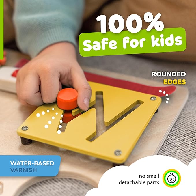 Sensory Busy Board for Toddlers, Premium Wooden Toddler Busy Board for 1 2 3 Year Old with 10 Educational Activities for Fine Motor Skills, Fidget Activity Toy for Travel Toy (Multicolored - Large)