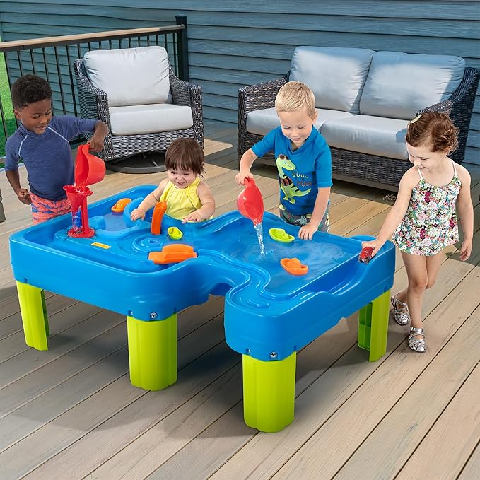 Simplay3 Big River and Roads Water Play Table, Outdoor Activity Table with Track Toys for Toddlers and Kids, 9 Accessories Included, Made in USA
