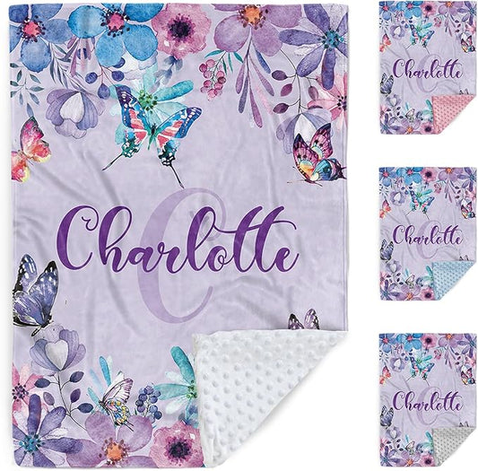 Personalized Baby Blanket, Custom Name Baby Blanket for Girl Boy, Purple Butterfly Double Layer Dotted Backing Receiving Swaddle Blankets, Toddlers Infants New Parents Customized Gifts(30"x40")