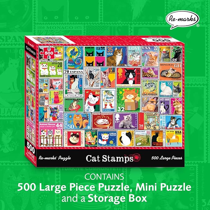 Re-marks Cat Stamps Collage Puzzle, 500 Large Piece Jigsaw Puzzle for All Ages