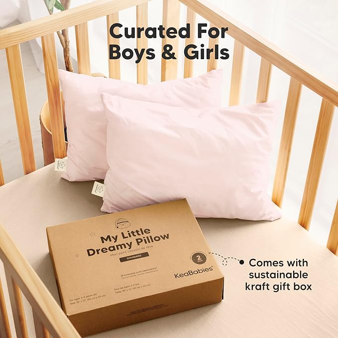 KeaBabies 2-Pack Toddler Pillow 13x18 - Soft Organic Cotton Kids Travel Bed Pillows for Sleeping, School, Nap, Machine Washable, Toddlers 2 to 5, Pillowcase Sold Separately (Mist Pink)