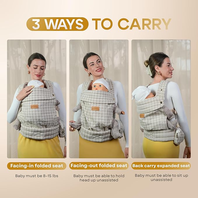 Baby Carrier Newborn to Toddler, Ergonomic Baby Toddler Carrier with Head Support (7-44 lbs) – Front Inward, Front Outward, Back Carry – Hands-Free, Lumbar Support (Beige)