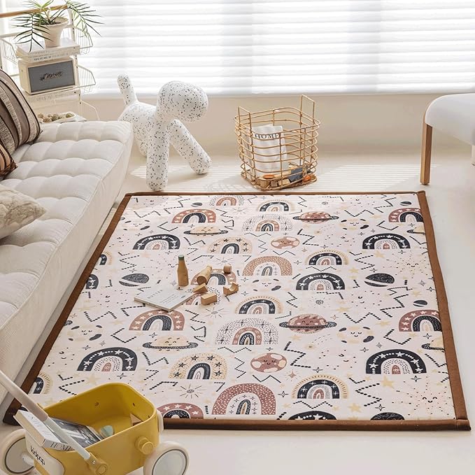 Loartee Rainbow Kids Play Mat - Baby Nursery Velvet Memory Foam Mat, Brown, 59"x59"