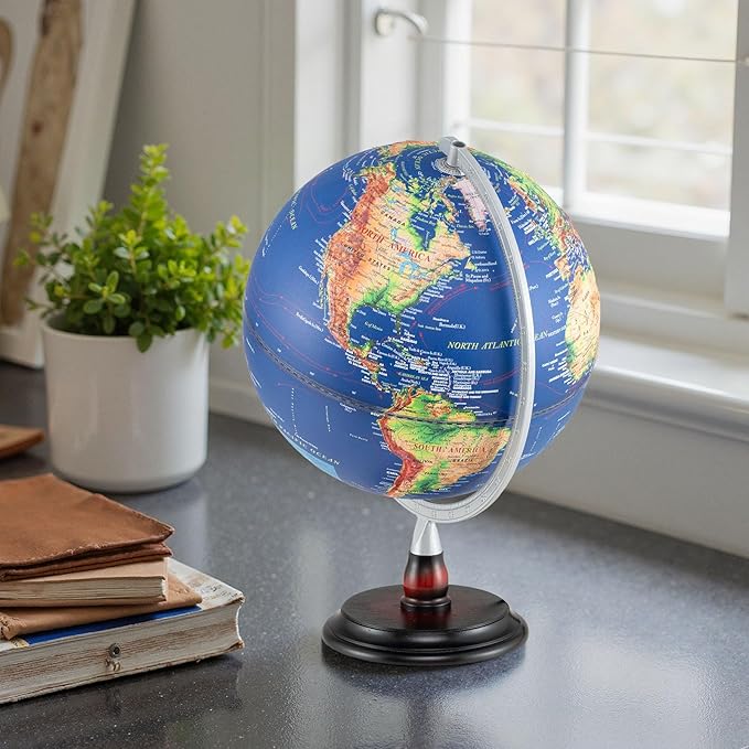 12" Illuminated World Globe, Desktop Globe with Raised Relief, LED Lights, Time Zone & Non-Slip Wooden Base, Geographic Terrain Globes for Decoration & Living Room (Navy)