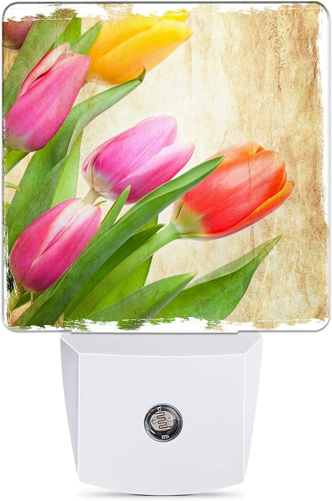 Vintage Tulips Night Light Plug in Wall Lamp Smart Dusk to Dawn Sensor for Home Decorative, Kids Room Bedroom Bathroom Kitchen Hallway Gifts