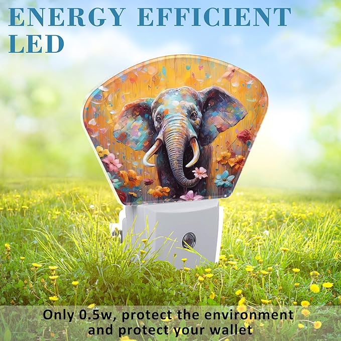 Watercolor Elephant Night Light for Kids Girls Boys, Flowers LED Night Light Plug into Wall with Dusk to Dawn Sensor for Bedroom, Hallway, Kitchen, Bathroom, Stairs Decor