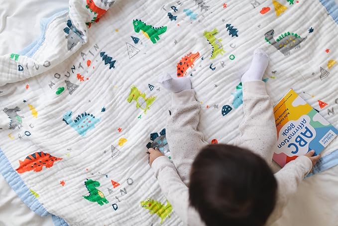 100% Cotton Muslin Baby Blanket | Soft & Breathable 6-Layer Swaddle & Receiving Blanket | Lightweight Quilt for Newborns, Infants & Toddlers | Gender-Neutral (Dinosaur Dreams)