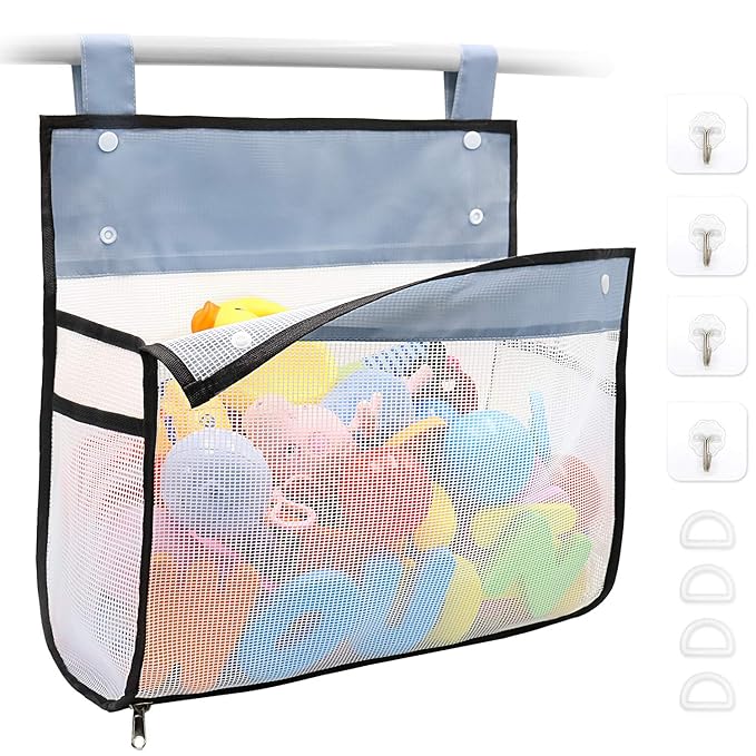 Bath Toy Organizer Multiple Ways to Hang, Extra Large Opening Bathroom Toy Holder, Bottom Zipper Bathtub Toy Storage Bag (Black)
