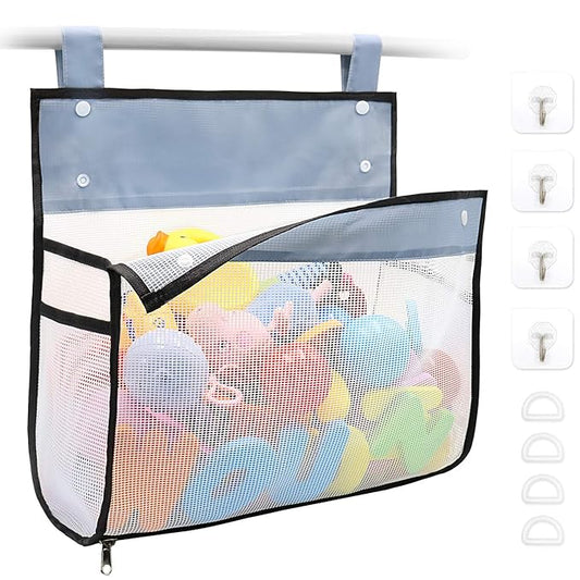 Bath Toy Organizer Multiple Ways to Hang, Extra Large Opening Bathroom Toy Holder, Bottom Zipper Bathtub Toy Storage Bag (Black)