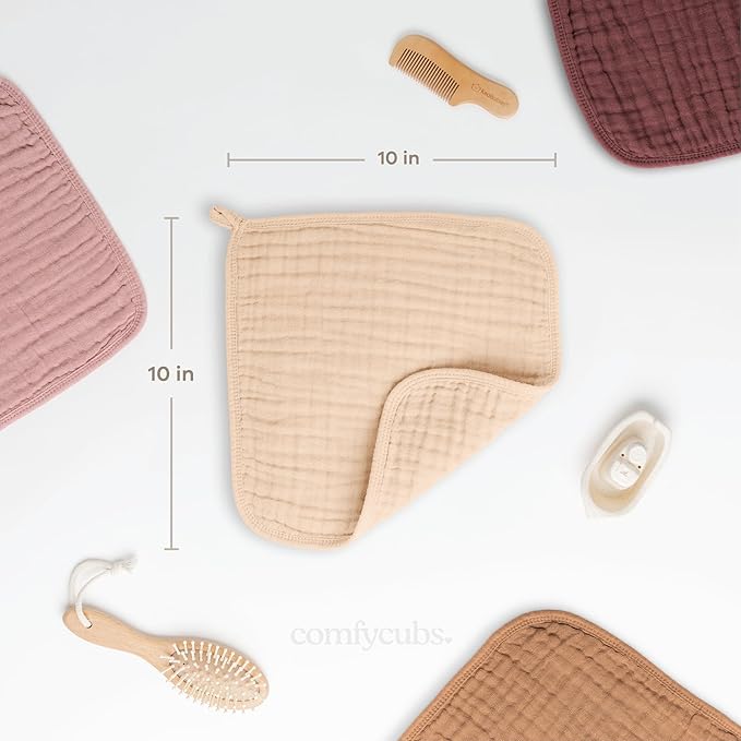 Comfy Cubs Muslin Baby Washcloths 10 Pack - Soft 6-Layer Cotton Wash Cloths for Sensitive Skin - 10"x10" Large, Gentle, Absorbent Infant Essentials for Newborn and Toddlers - Cream