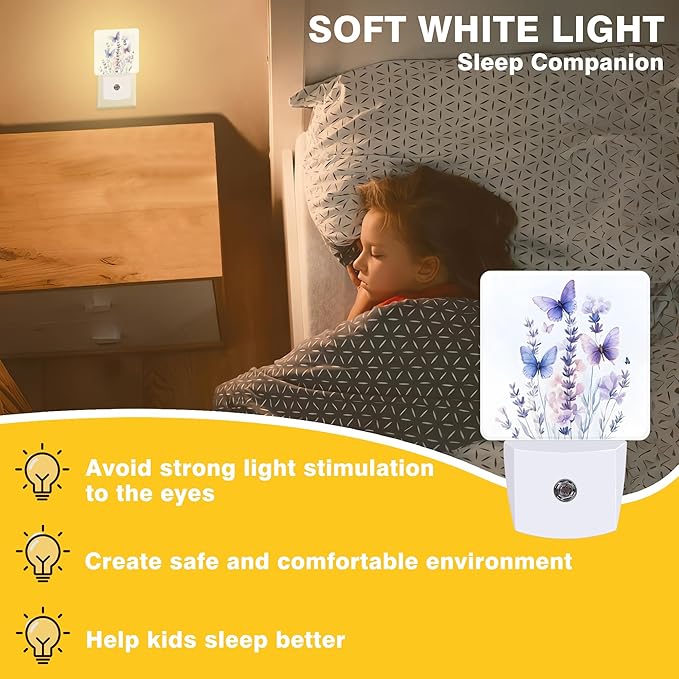 Night Light Watercolor Lavender Flower with Butterfly Night Lights Plug into Wall Smart Dusk to Dawn Sensor 0.5W Energy Efficient Led Lamp for Men Women Bedroom Hallway Stairway Decor