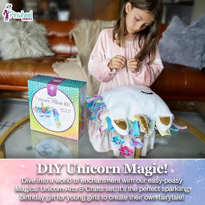 Pinwheel Crafts Unicorn Pillow Kit - DIY Arts and Crafts for Kids Ages 6 7 8-12+ Years, No Sewing Kit for Kids, Unicorn White Pillow Craft Kits for Birthday, Christmas Gifts for Girls