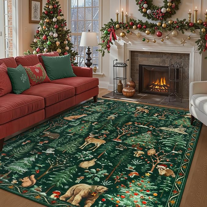 OJIA Christmas Area Rug 8x10 Green Rugs for Living Room, Xmas Animal Washable Rugs 8x10 Soft Bedroom Throw Rug, Holiday Dining Room Carpet Non-Slip Low Pile Carpet for Kids Room Nursery