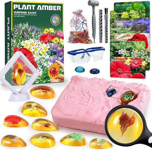 Flower Amber Dig Kit - 8 Flowers Specimens Excavation Kit, Flower Toy for Kids Girls, Plant Gift Dig Kits, Flower Plant Toys for Girls 6 and up Year Old Birthday Valentine's Day Gifts
