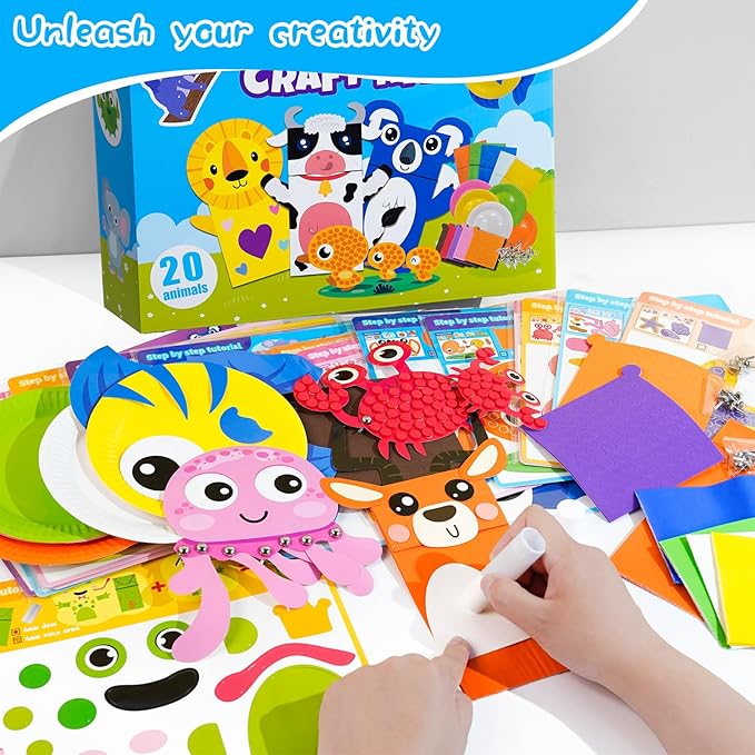 DINSUMRUG 20 Animal Arts & Crafts Kit for Kids 4-6, All-Inclusive Toddler Craft Box with Paper Plates, Puppets, Fun Activities, Tigers, Lions (134 Characters) (Animal)