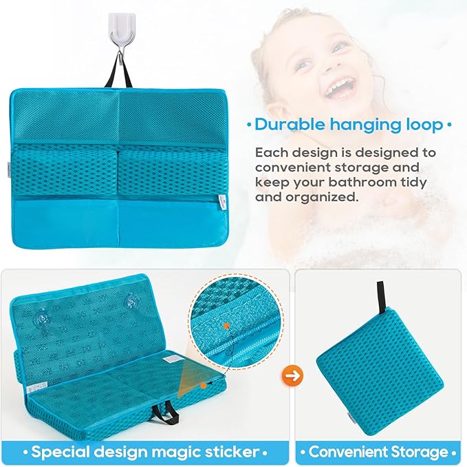 OS OMYSTYLE Baby Bath Kneeler and Elbow Rest Pad Set, 1.5'' Thick Quickly Dry Bathtub Kneeler Pad with Baby Toys & Bath Accessories Organizer, Non-Slip Mat(Blue)