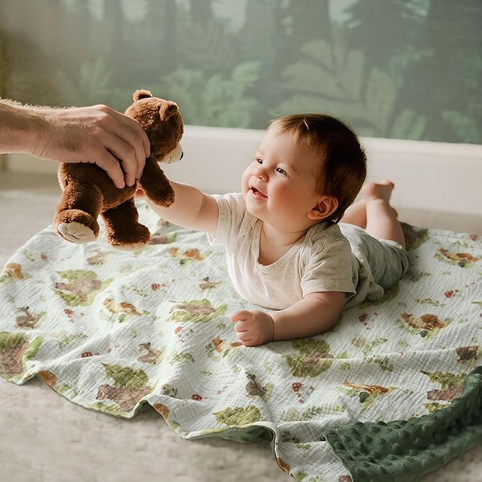 GLLQUEN BABY Blankets for Unisex Newborn Super Soft Nursery Minky Blankets with Muslin Cotton Front and Dotted Fleece Backing, Forest Stories, 30 x 40 inches