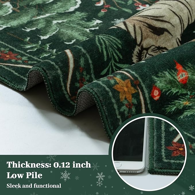 OJIA Christmas Area Rug 5x7 Washable Rugs for Living Room, Green Animal Bedroom Carpet Ultra-Thin Non-Slip Nursery Rug, Xmas Holiday Rug Indoor Carpet for Kids Playroom Entryway Dining Room