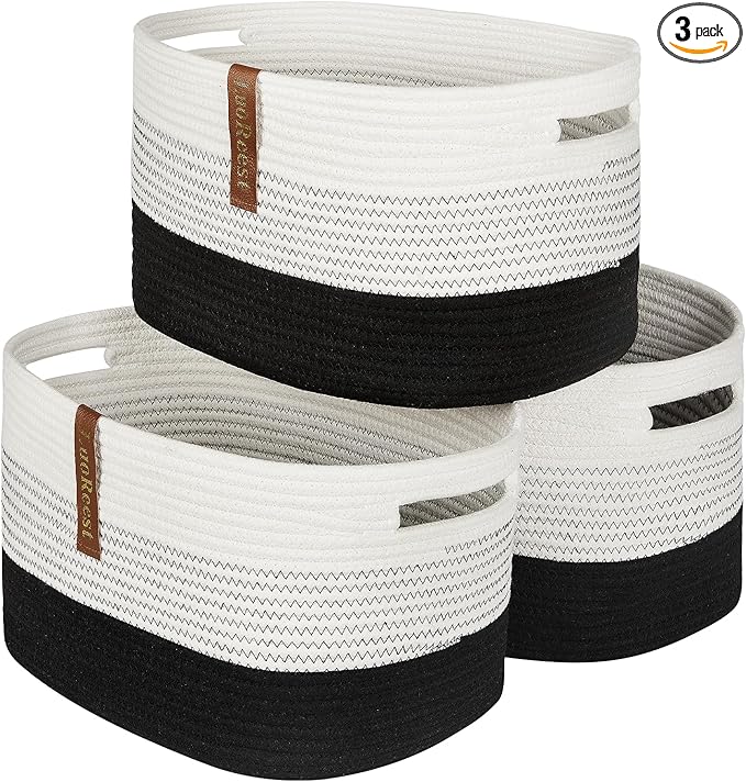 15"x10"x9" Storage Basket (3 Pack), Woven Baskets for Shelves, Blanket Storage for Living Room, Toy Basket for Nursery, 100% Cotton Rope, Safe for Baby