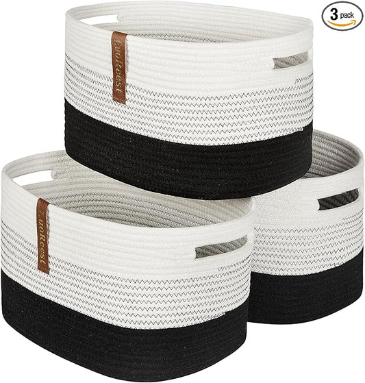 15"x10"x9" Storage Basket (3 Pack), Woven Baskets for Shelves, Blanket Storage for Living Room, Toy Basket for Nursery, 100% Cotton Rope, Safe for Baby