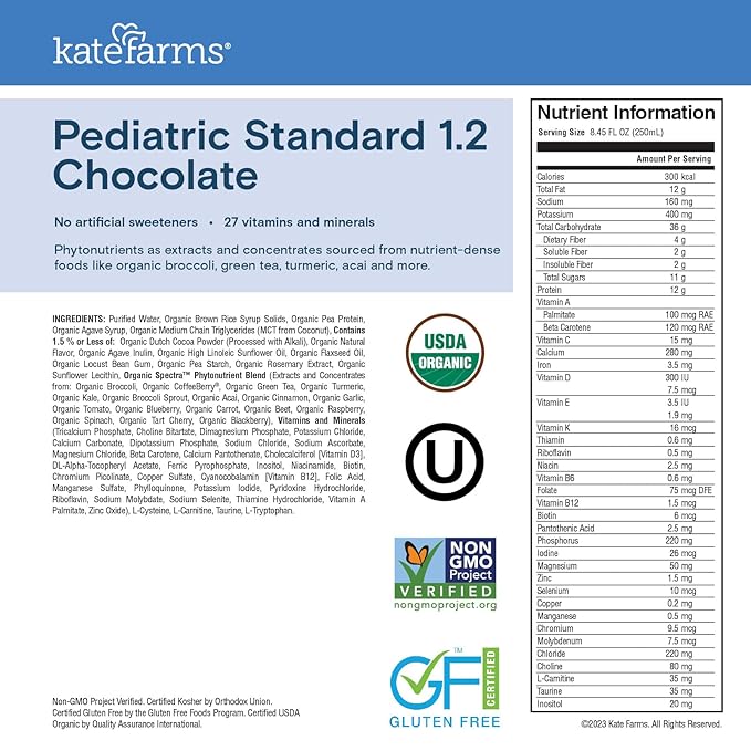 KATE FARMS Organic Pediatric 1.2 High Calorie Chocolate Nutrition Shake, 12g Protein, 27 Vitamins and Minerals, Meal Replacement, 8.45 oz (6 pack)