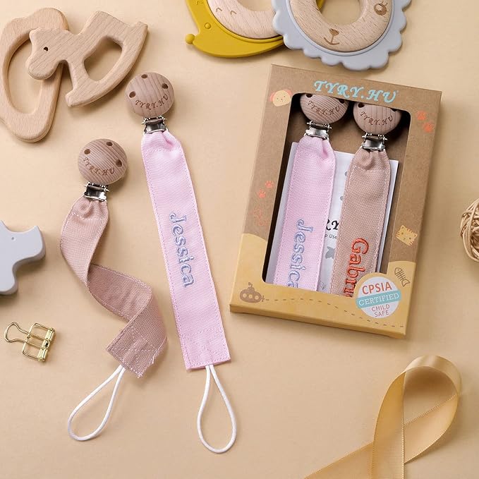 TYRY.HU Personalized Pacifier Clip with Name, Embroidery Pacifier Holder for Baby Girls and Boys, Neutral Binky Clips Universally Fit All Pacifiers & Baby Toys, Baby Gift, 2 Pack(Pink, Khaki)