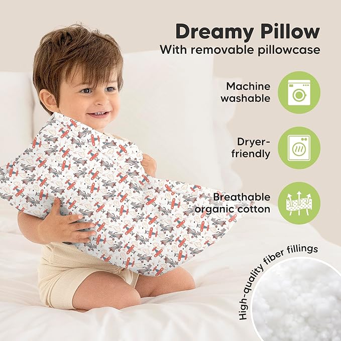 Toddler Pillow with Pillowcase - 13x18 My Little Dreamy Kids Travel Bed Pillows for Sleeping, Organic Cotton Small Pillowcase, Soft & Breathable, Machine Washable, Toddlers 2-5 Years Old (Aircraft)