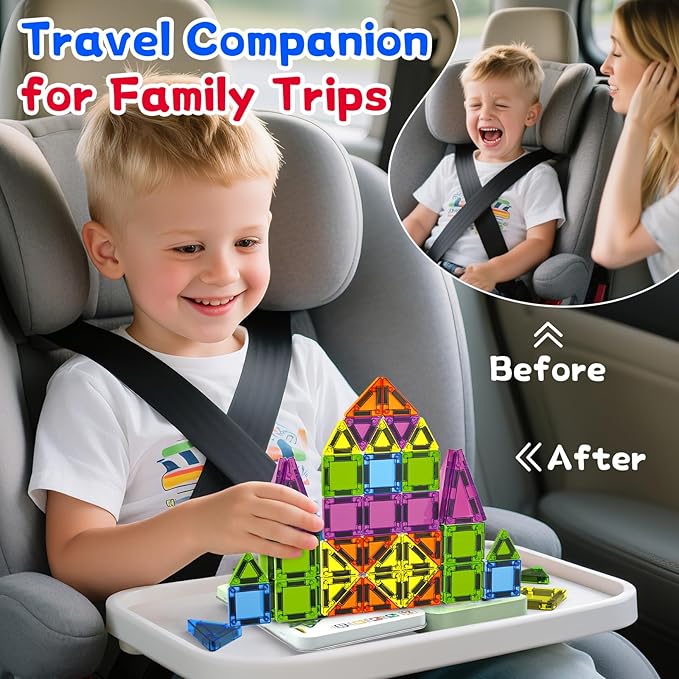 50PCS Mini Magnetic Tiles Travel Toys for Kids Ages 3+, Portable STEM Magnetic Blocks with Storage Tin, Montessori Educational Sensory Toy, Gifts for Boys & Girls, Airplane Car Travel Toys