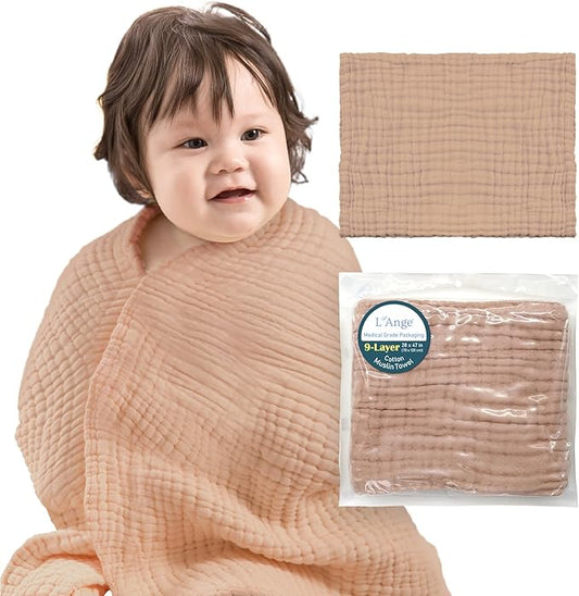 L'Ange Baby Bath Towel - 9 Layers 100% Cotton Muslin, Super Quick Dry, Medical Grade Packaging for Infants and Newborns - 28 x 47in - Khaki