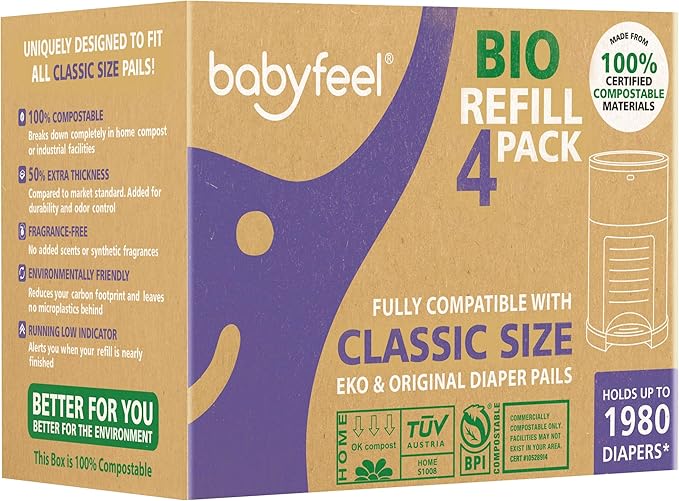 Babyfeel BIO Refills Compatible with DEKOR CLASSIC Diaper Pails | 100% Compostable |4 Pack |50% Extra Thickness | Compost Refill bags with Running Low Indicator |Powerful Odor Control | Fragrance-free