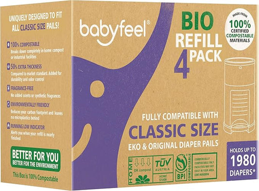 Babyfeel BIO Refills Compatible with DEKOR CLASSIC Diaper Pails | 100% Compostable |4 Pack |50% Extra Thickness | Compost Refill bags with Running Low Indicator |Powerful Odor Control | Fragrance-free