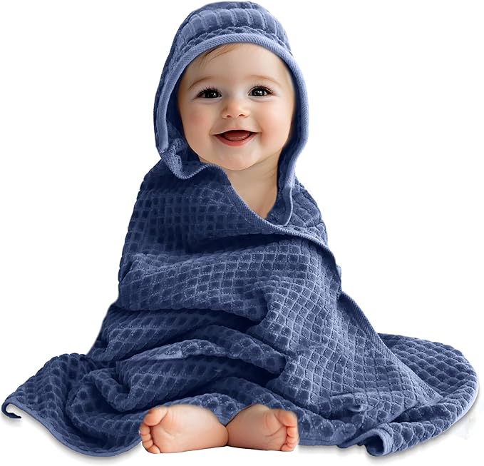 ORIGINAL KIDS Hooded Baby Towel - 100% Cotton Luxurious Jacquard Velour Baby Bath Towel with Hood - Boys Girls Infant Toddler - 550 GSM Soft Absorbent Newborn Bath Essentials - Large 30x30 - Blue