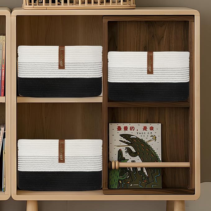 15"x10"x9" Storage Basket (3 Pack), Woven Baskets for Shelves, Blanket Storage for Living Room, Toy Basket for Nursery, 100% Cotton Rope, Safe for Baby