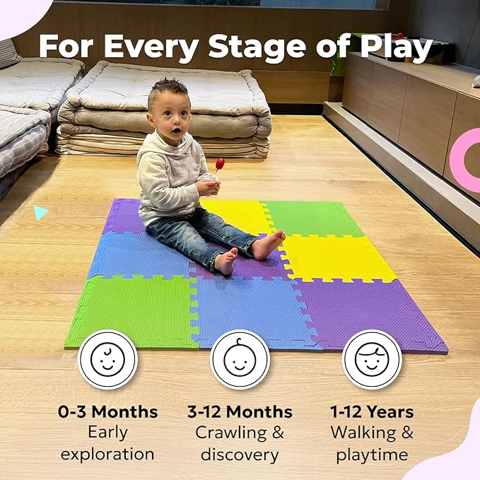 MioTetto Baby Play Mat, Comfortable Tummy Time Mat – Portable Foam Floor Tiles, Safe baby mat for floor for Crawling & Development, Soft play mat for babies 0-6 months, Stylish interlocking foam tiles