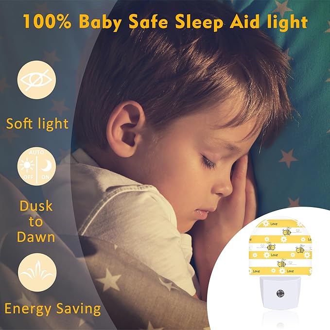 Cartoon Bees with Daisy Flowers Night Light Plug into Wall, Yellow Floral Bee Love Dusk to Dawn Night Light,0.5w Energy Saving Sleep Friendly Nightlights for Kids Boys Girls Home Decor