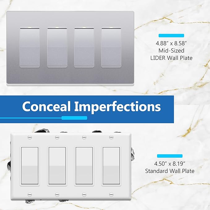 LIDER Matte Finish Decorator Switch Cover, Screwless Wall Plate, Mid-Size 4-Gang 4.88" x 8.58", Unbreakable Polycarbonate Thermoplastic, UL Listed, LSWP-34M-SV, Silver