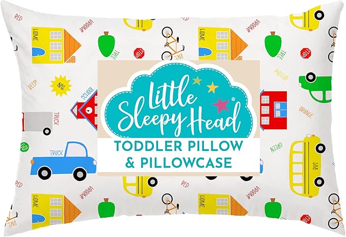 Little Sleepy Head Toddler Pillow with Pillowcase 13x18 - Kids Pillow for Sleeping - Better Neck Support Ergonomic Pillow and Toddler Pillowcase - Best Pillows for Kids(Trucks 'N Cars)